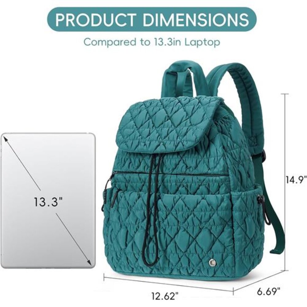Puffy Quilted Backpack for Women, Teal blue - Picture 4 of 7
